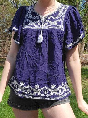 navy embroidered flutter sleeve babydoll top